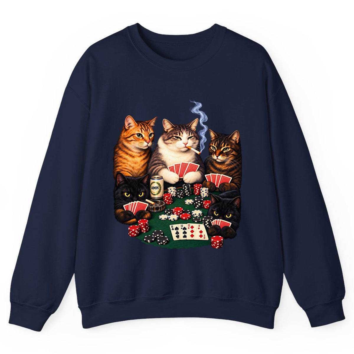 Poker Cats Game Night Crewneck Sweatshirt - Navy