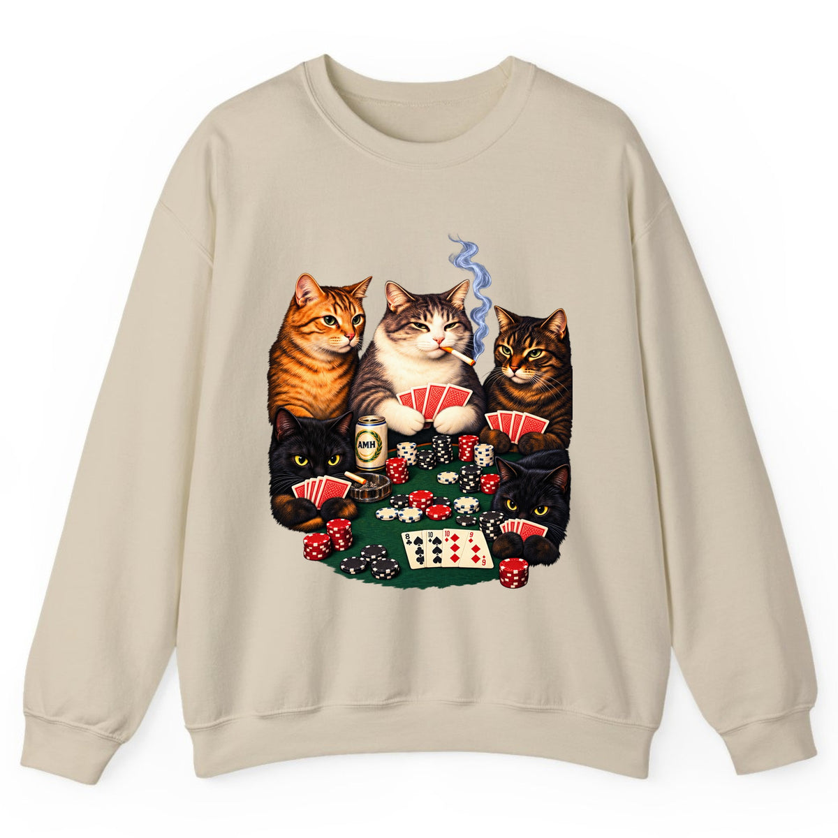 Poker Cats Game Night Crewneck Sweatshirt - Sand