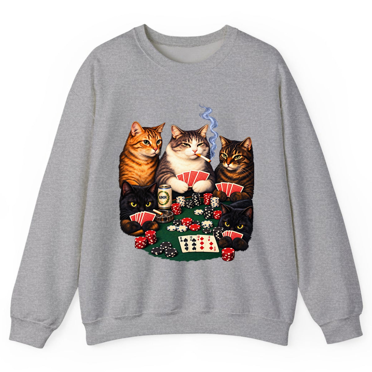 Poker Cats Game Night Crewneck Sweatshirt - Sport Grey