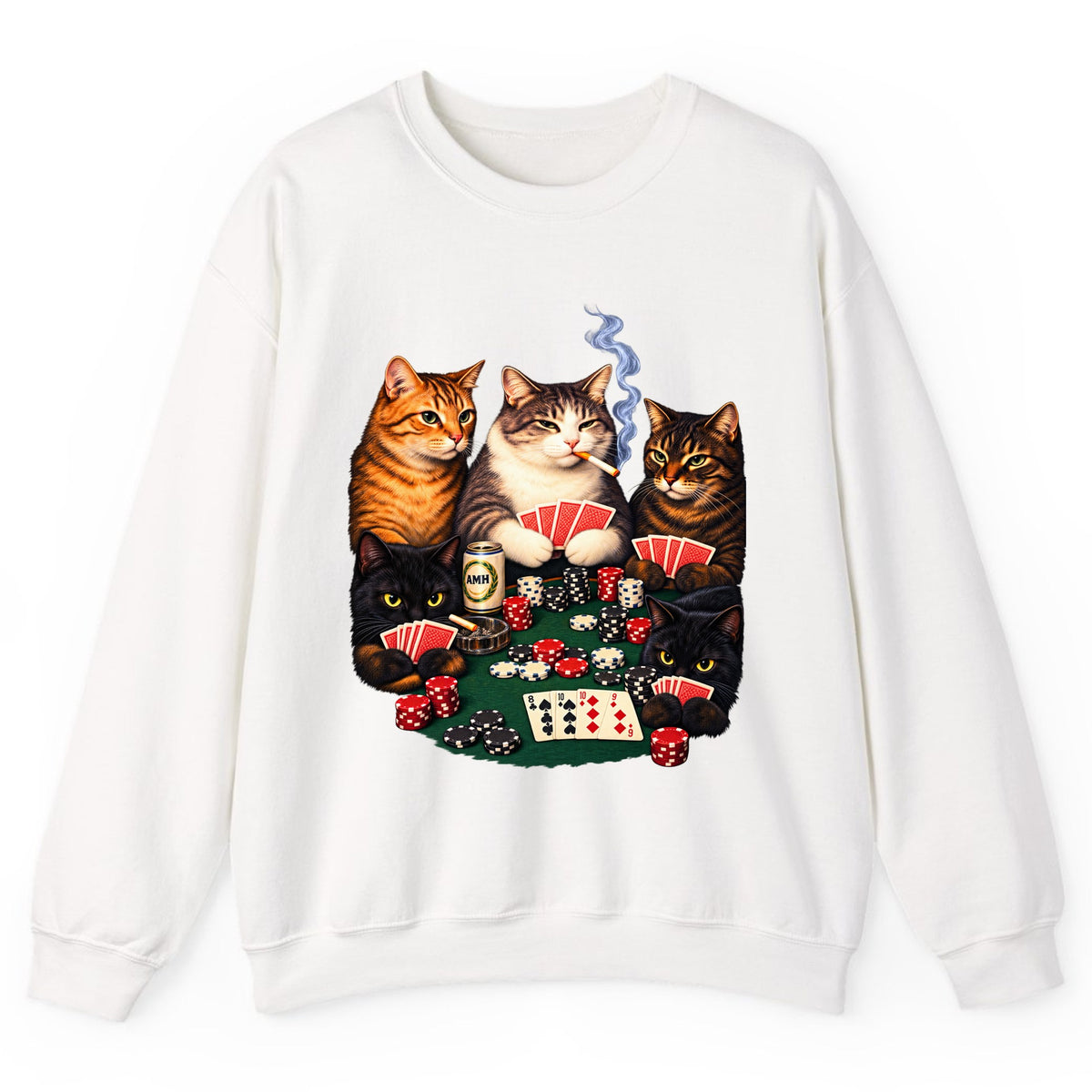 Poker Cats Game Night Crewneck Sweatshirt - White