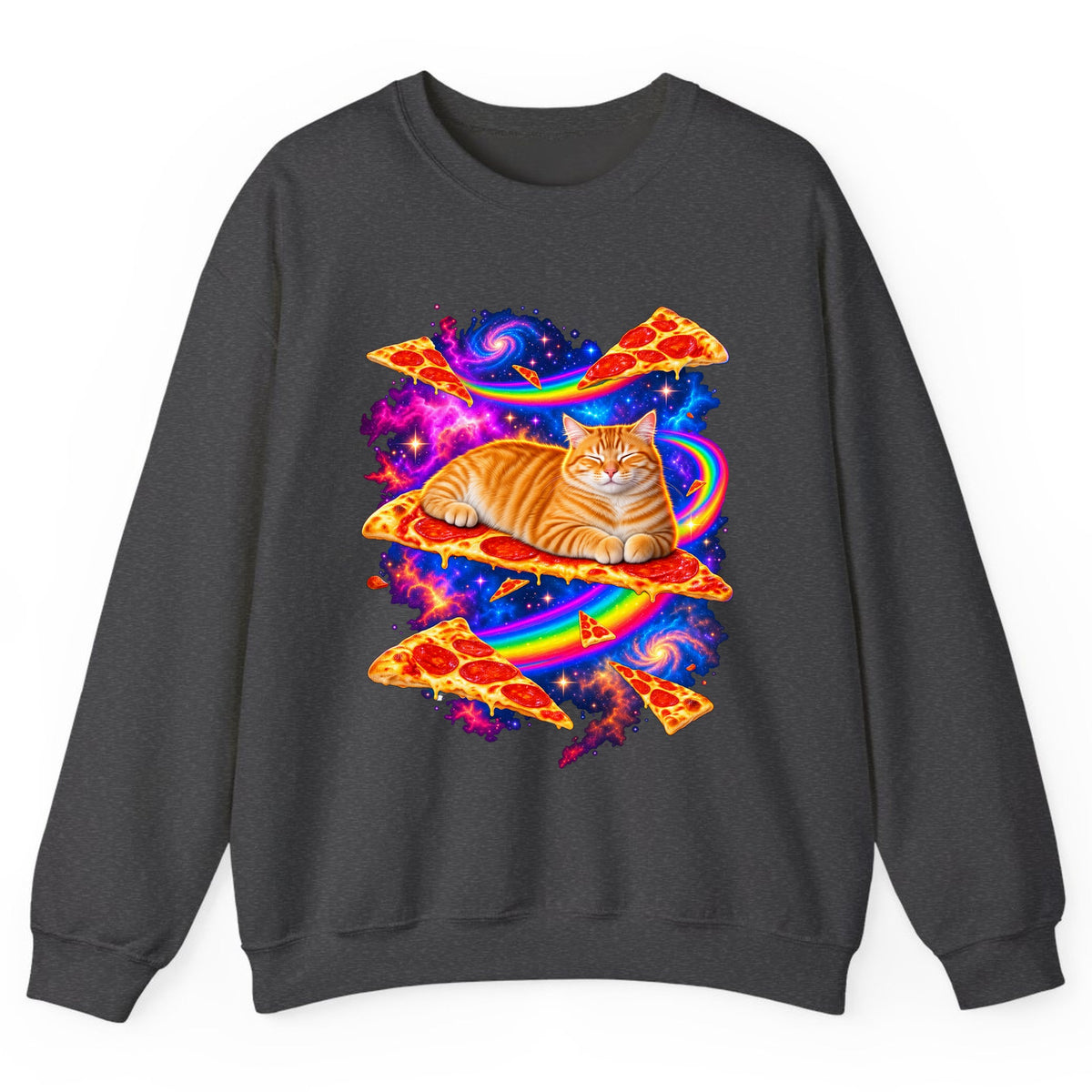 Cosmic Pizza Cat Crewneck Sweatshirt - Dark Heather