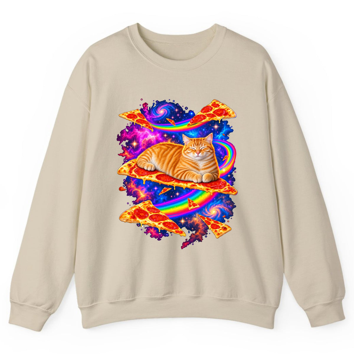 Cosmic Pizza Cat Crewneck Sweatshirt - Sand