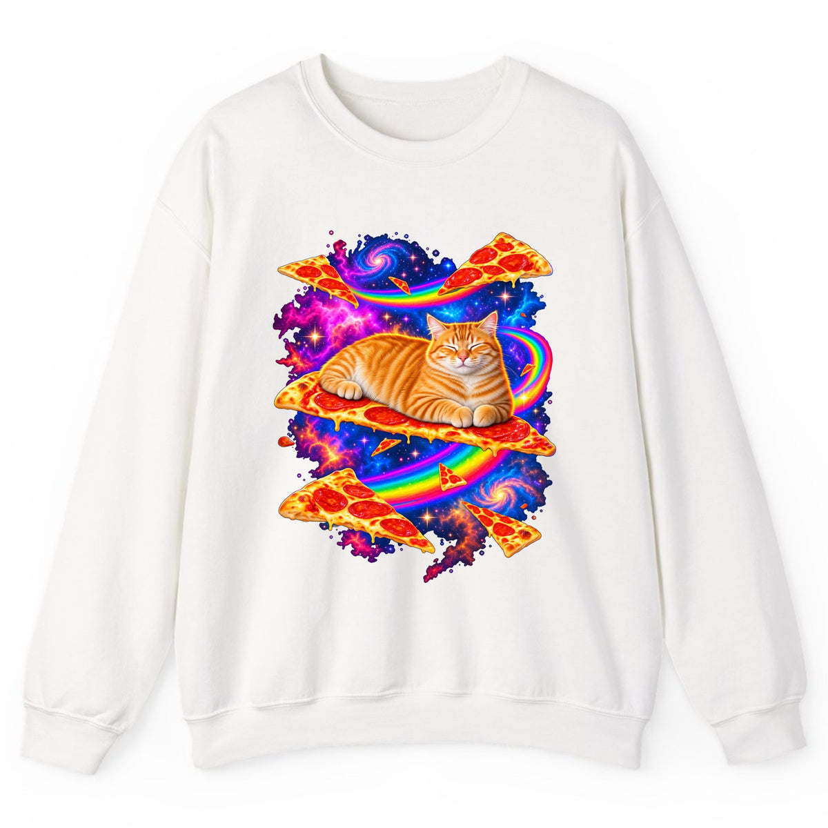 Cosmic Pizza Cat Crewneck Sweatshirt - White