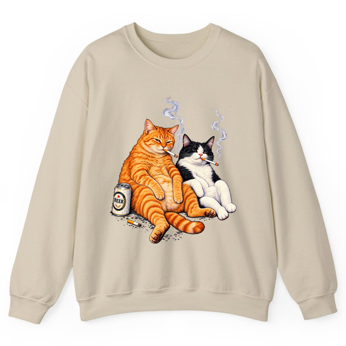 Smokin' Cat Beer Buddies Crewneck Sweatshirt - Sand