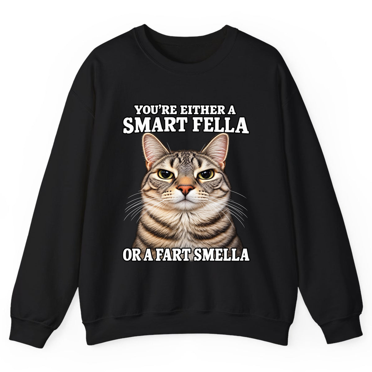 Smart Fella Fart Smella Cat Crewneck Sweatshirt - Black