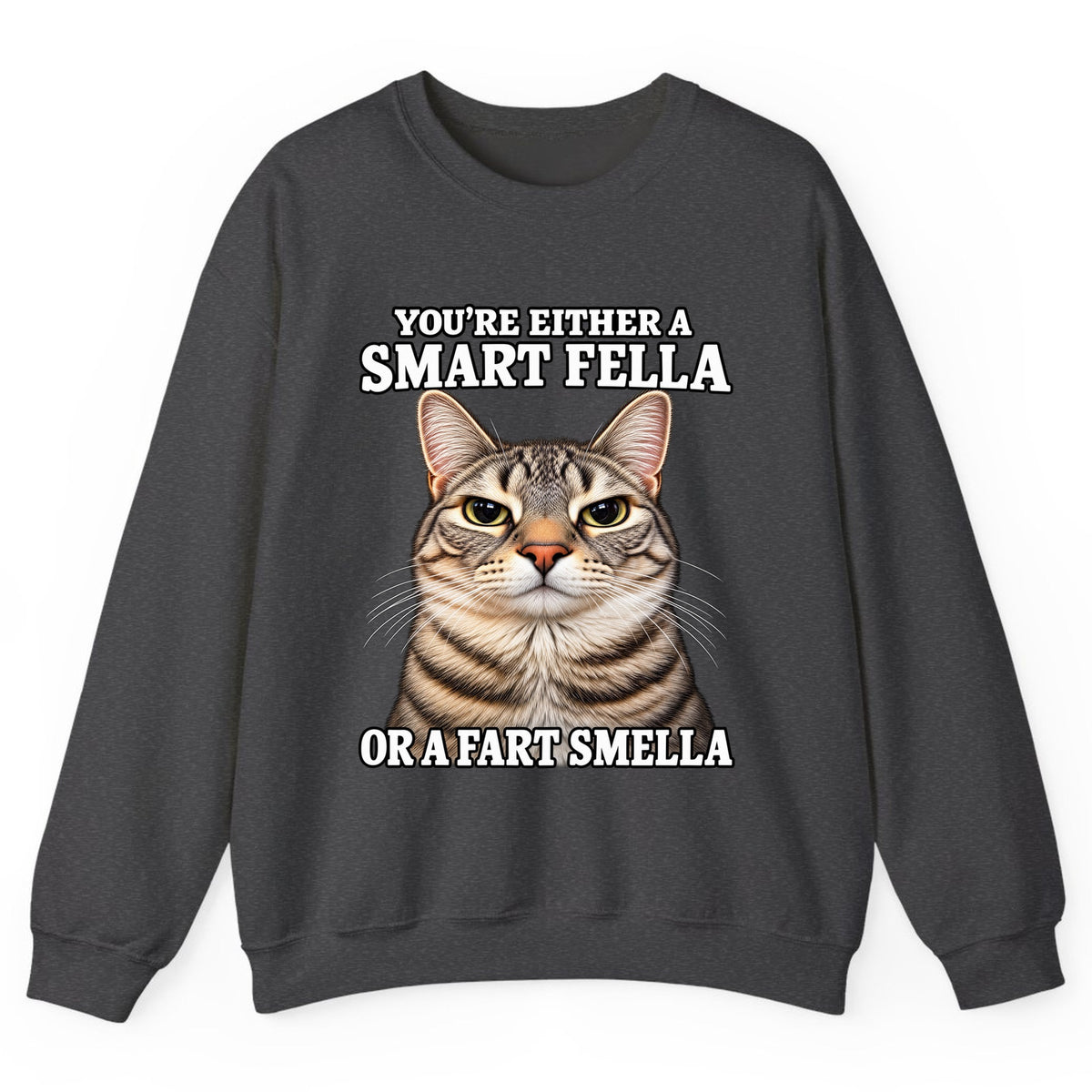 Smart Fella Fart Smella Cat Crewneck Sweatshirt - Dark Heather