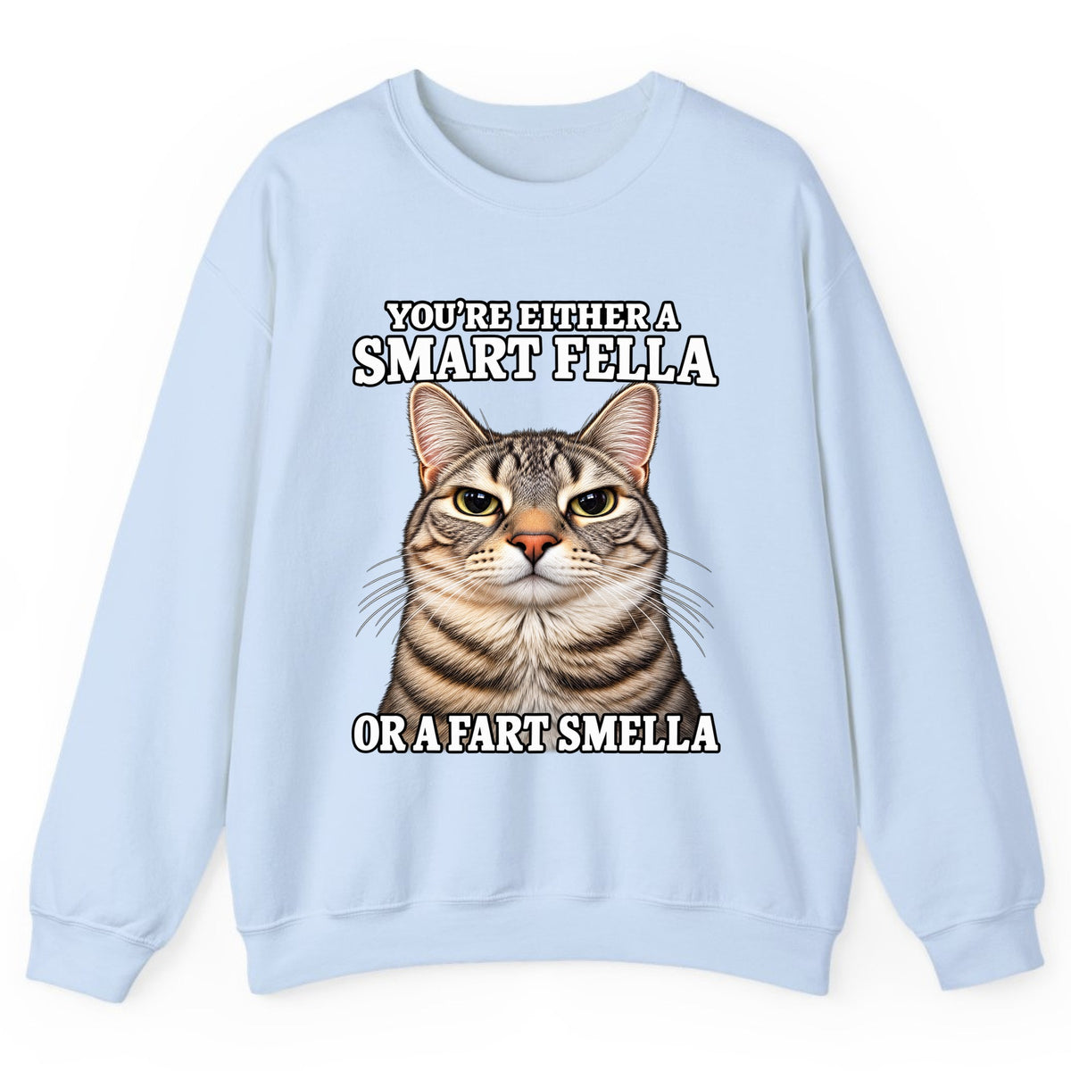Smart Fella Fart Smella Cat Crewneck Sweatshirt - Light Blue