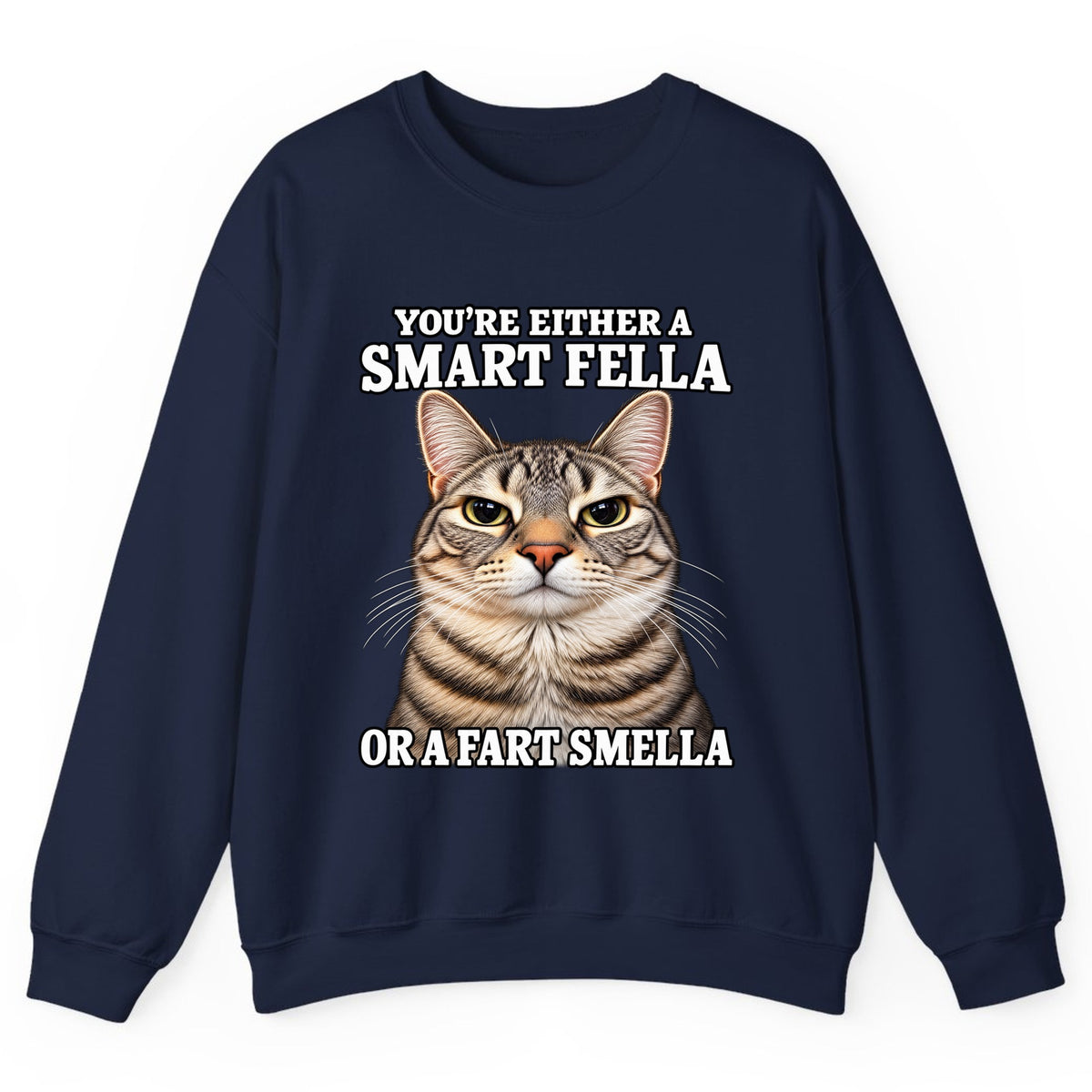Smart Fella Fart Smella Cat Crewneck Sweatshirt - Navy
