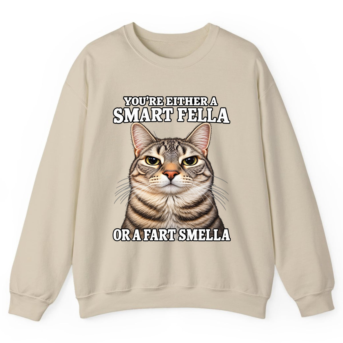 Smart Fella Fart Smella Cat Crewneck Sweatshirt - Sand