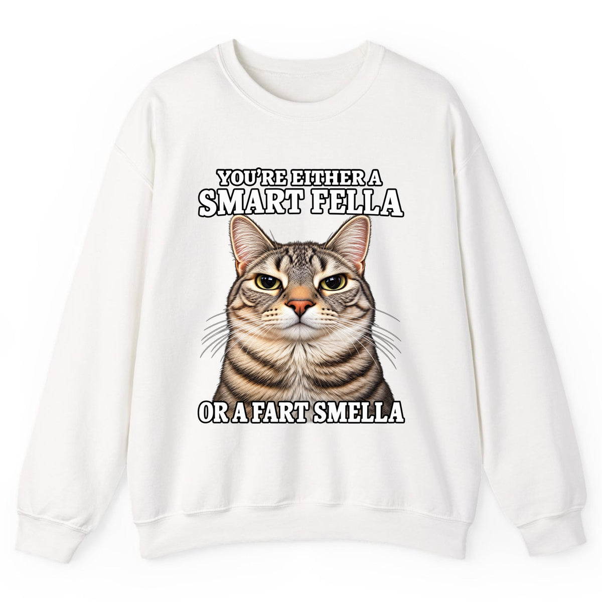 Smart Fella Fart Smella Cat Crewneck Sweatshirt - White