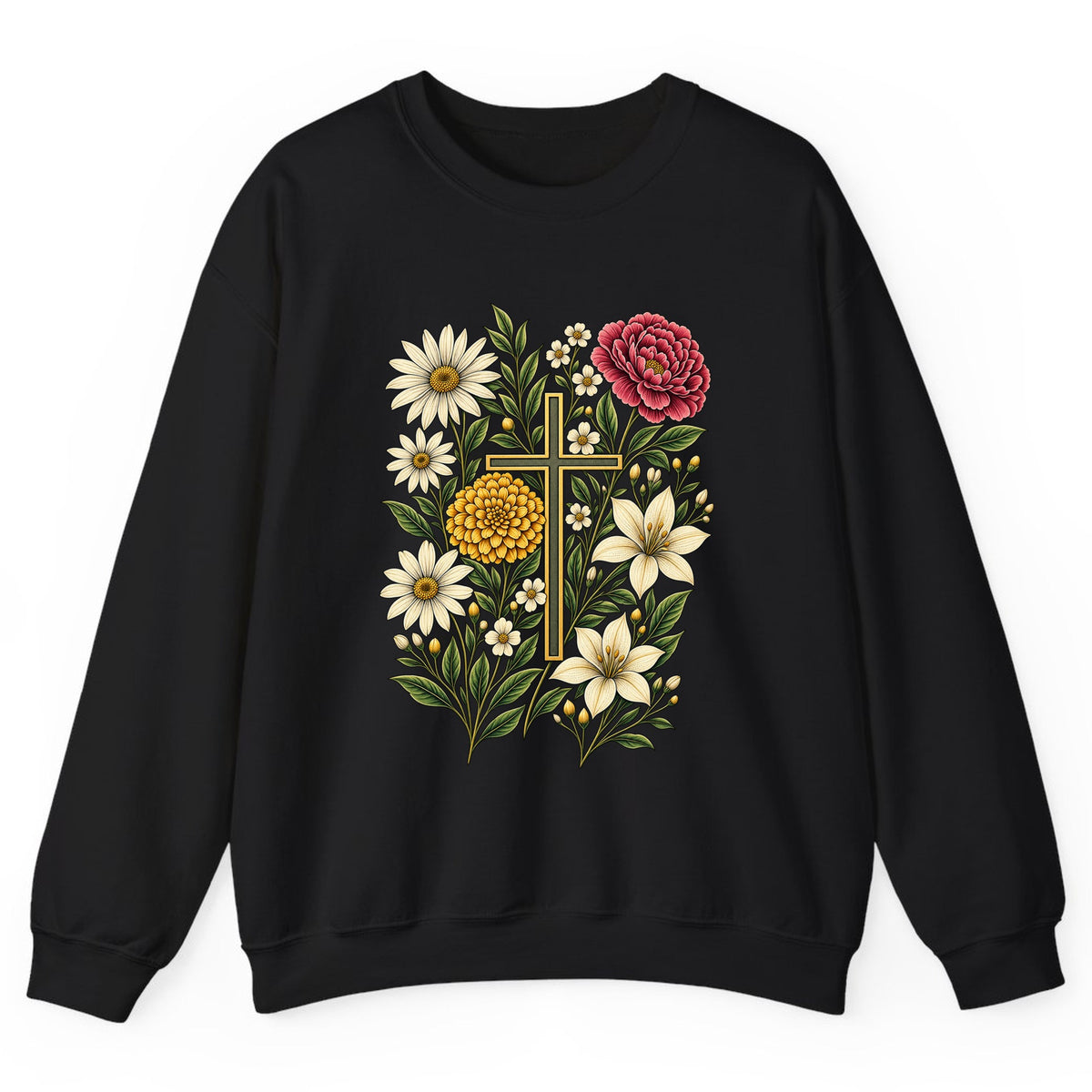 Floral Cross Garden Faith Crewneck Sweatshirt - Black