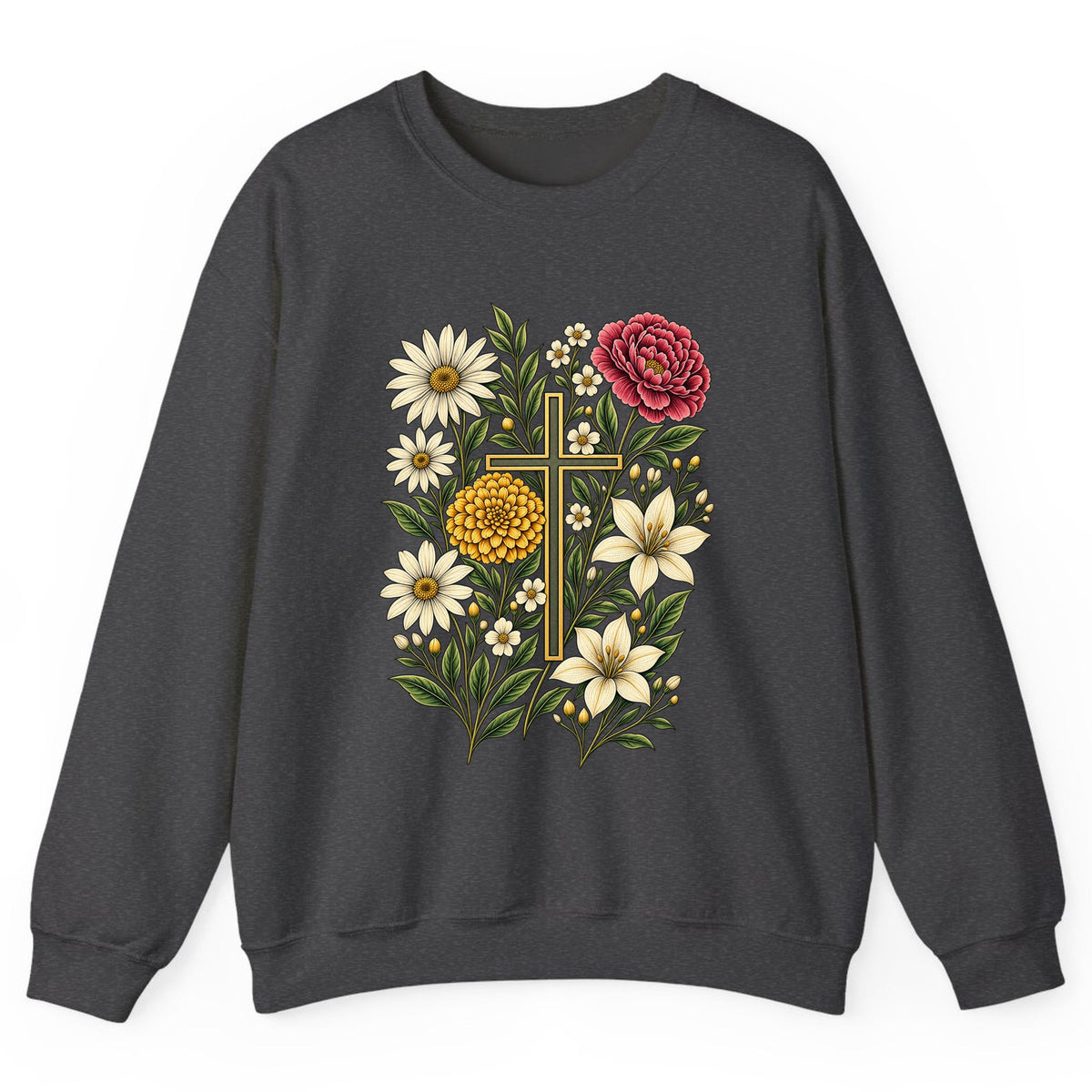 Floral Cross Garden Faith Crewneck Sweatshirt - Dark Heather