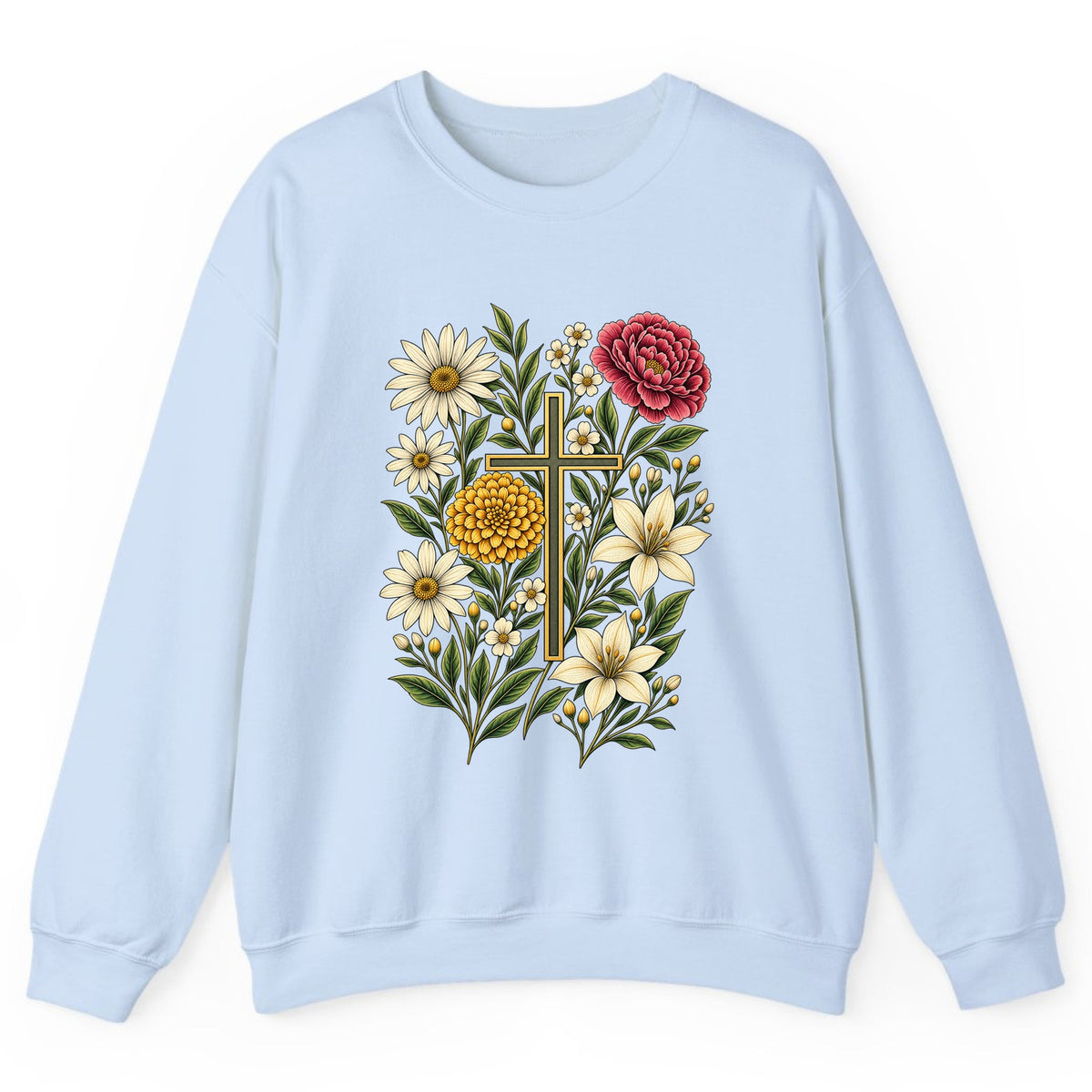Floral Cross Garden Faith Crewneck Sweatshirt - Light Blue