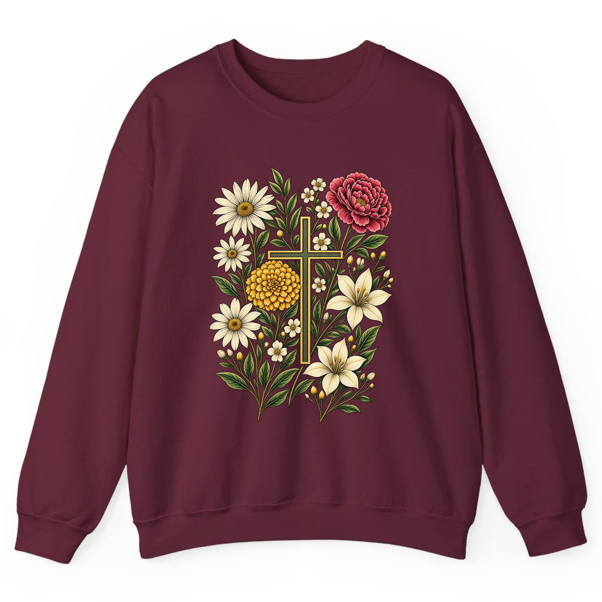 Floral Cross Garden Faith Crewneck Sweatshirt - Maroon