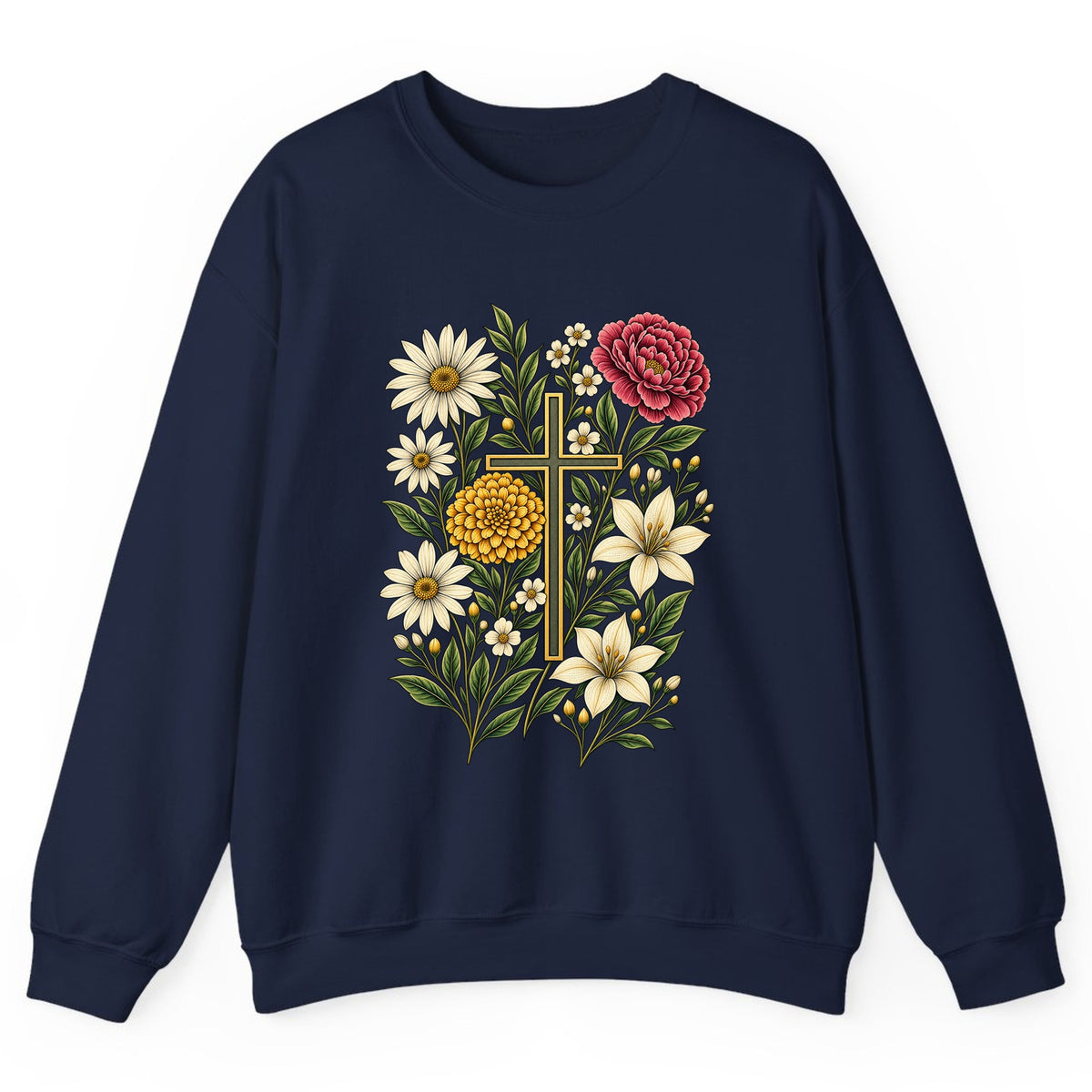 Floral Cross Garden Faith Crewneck Sweatshirt - Navy