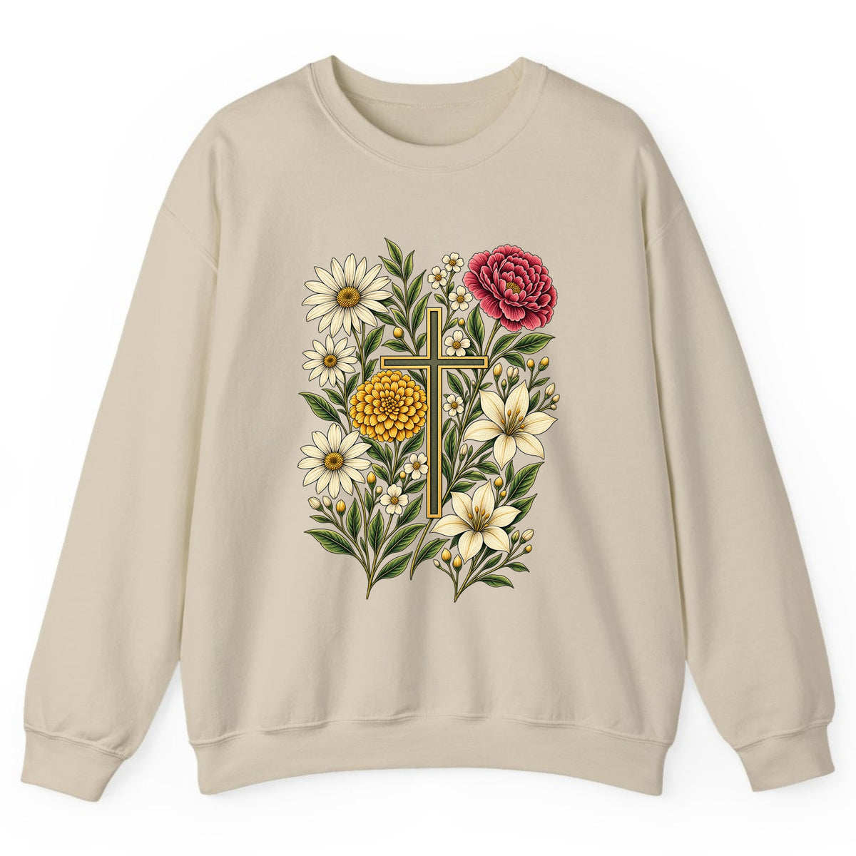 Floral Cross Garden Faith Crewneck Sweatshirt - Sand