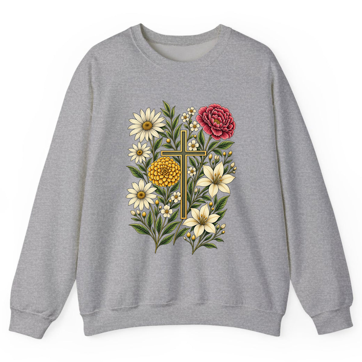 Floral Cross Garden Faith Crewneck Sweatshirt - Sport Grey
