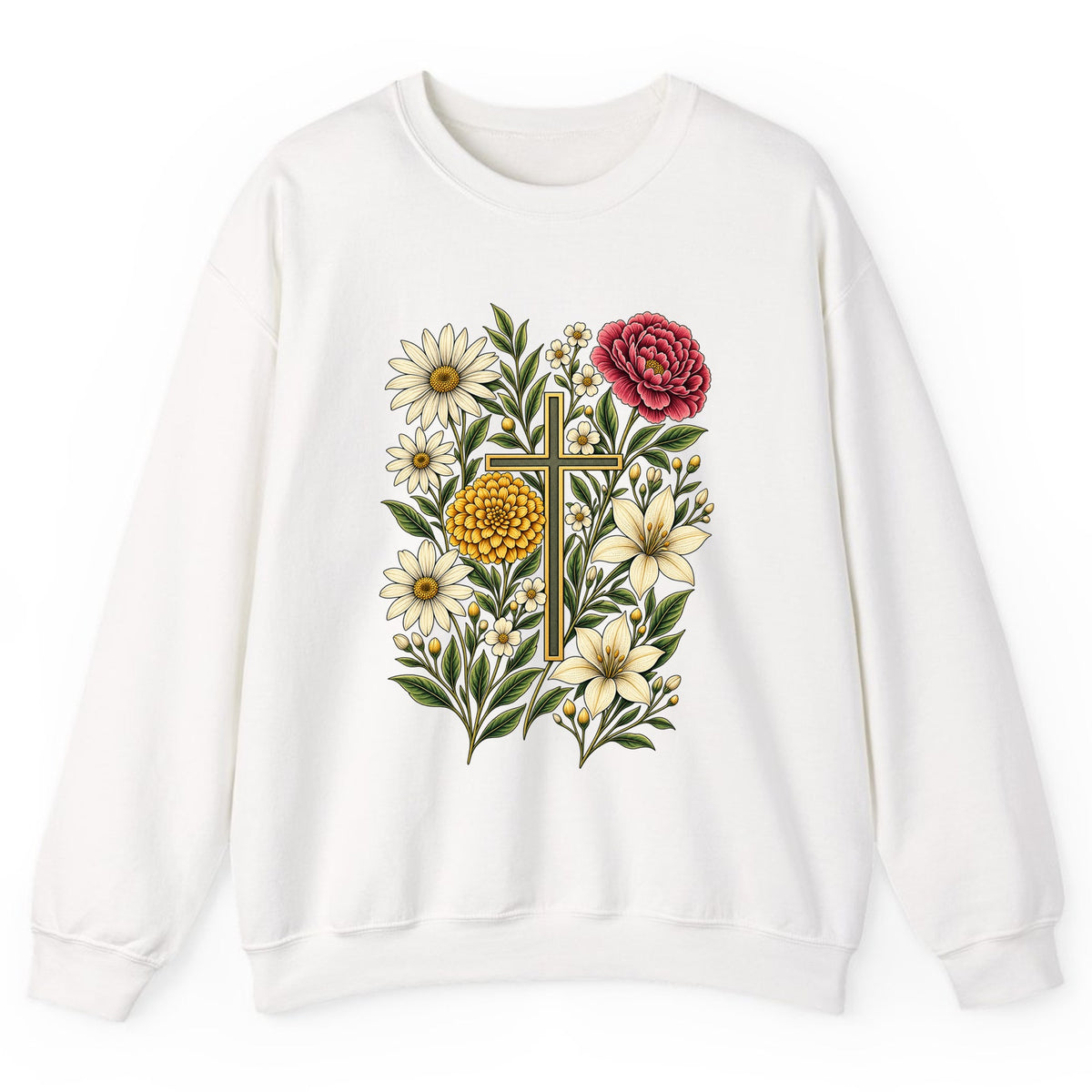 Floral Cross Garden Faith Crewneck Sweatshirt - White
