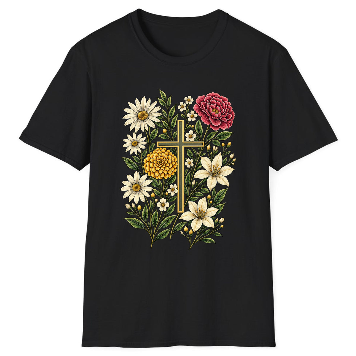 Floral Cross Garden Faith Classic Tee - Black