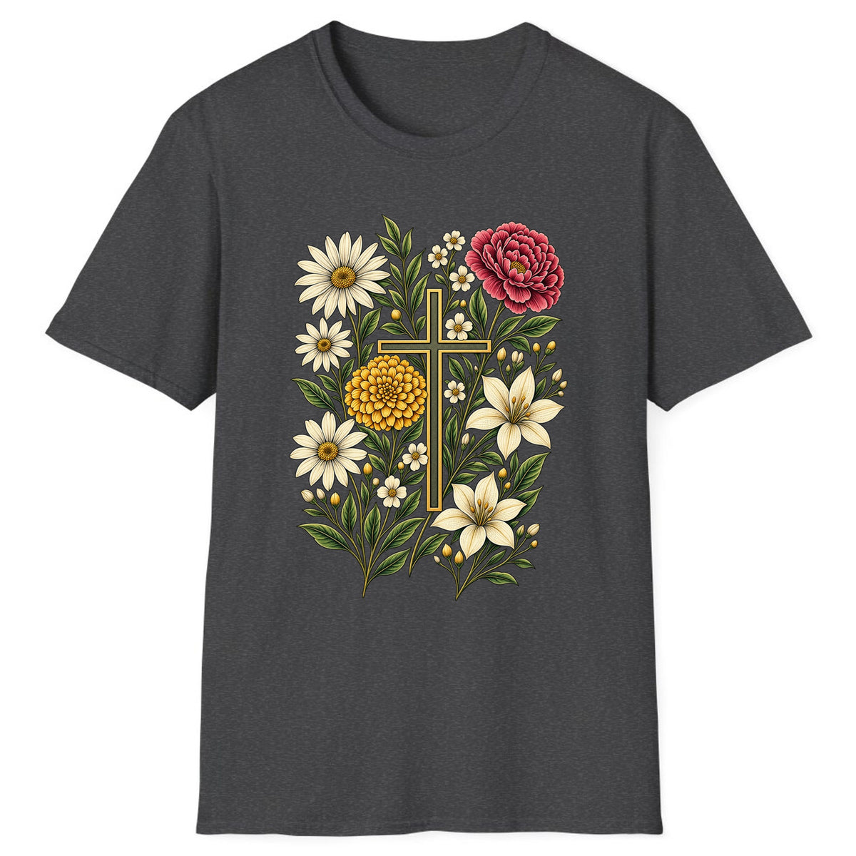 Floral Cross Garden Faith Classic Tee - Dark Heather