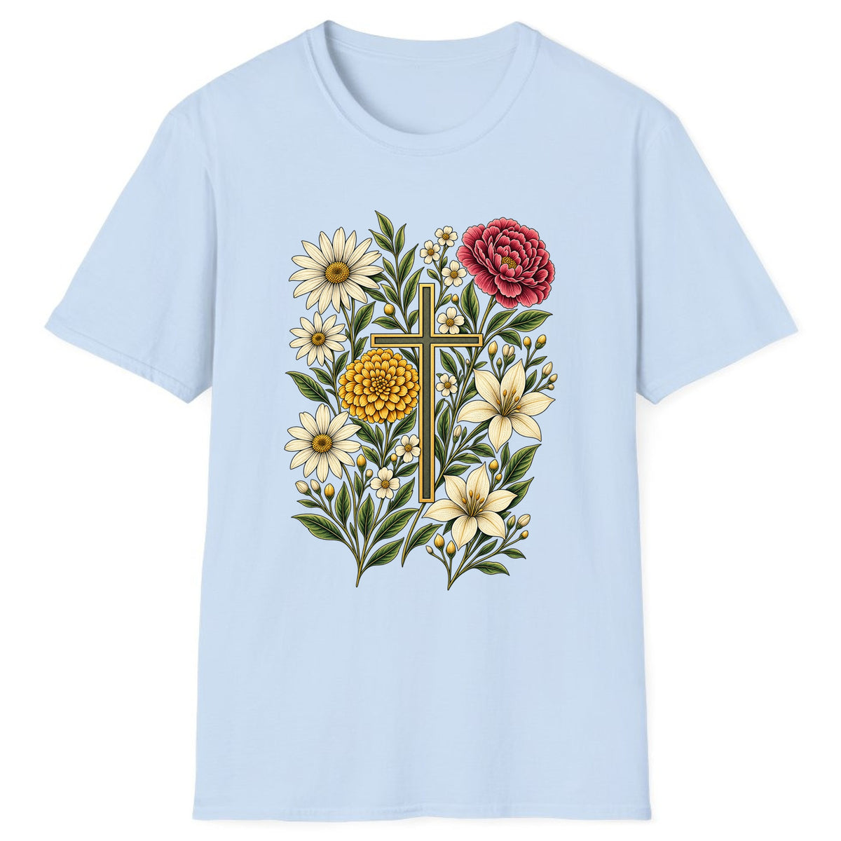 Floral Cross Garden Faith Classic Tee - Light Blue