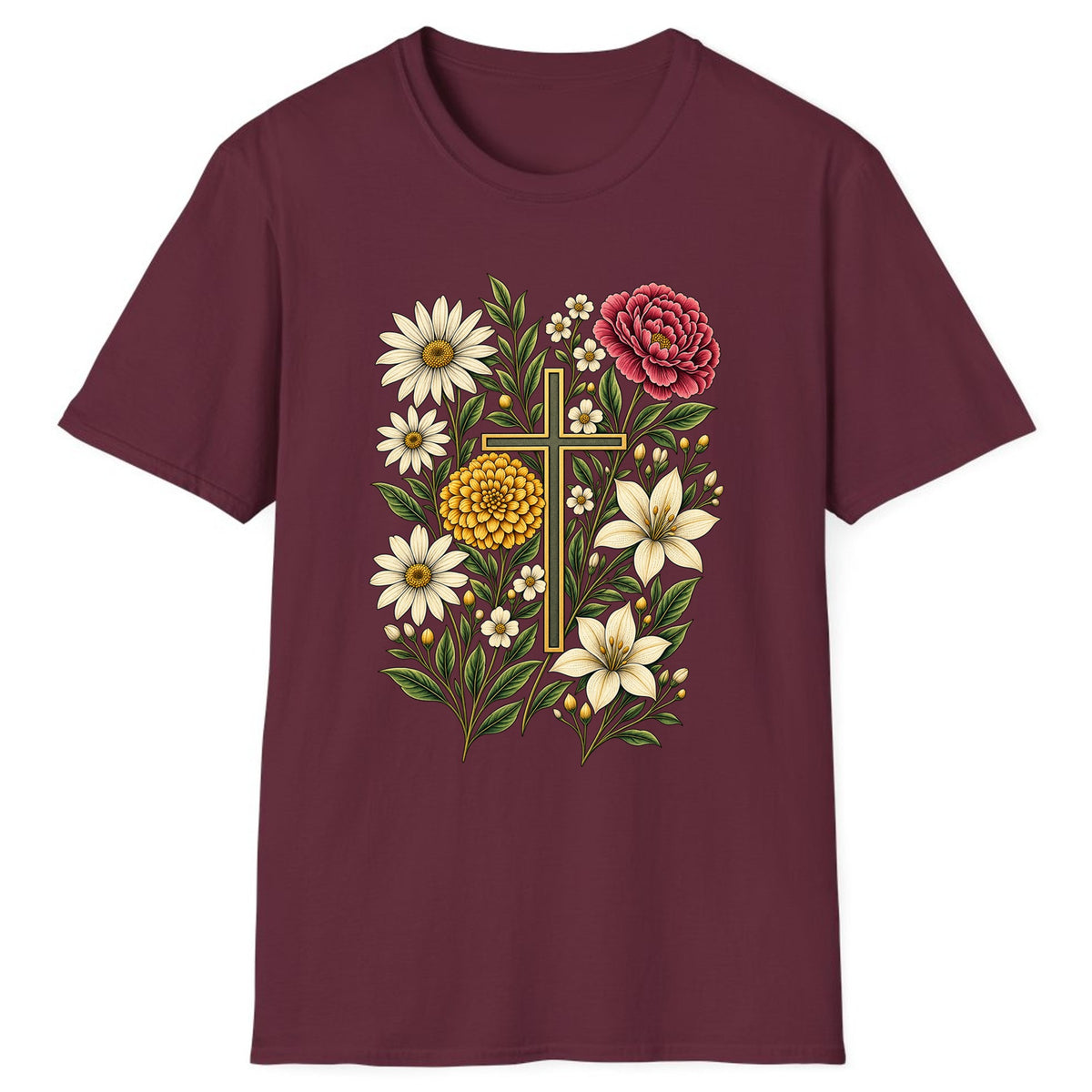 Floral Cross Garden Faith Classic Tee - Maroon