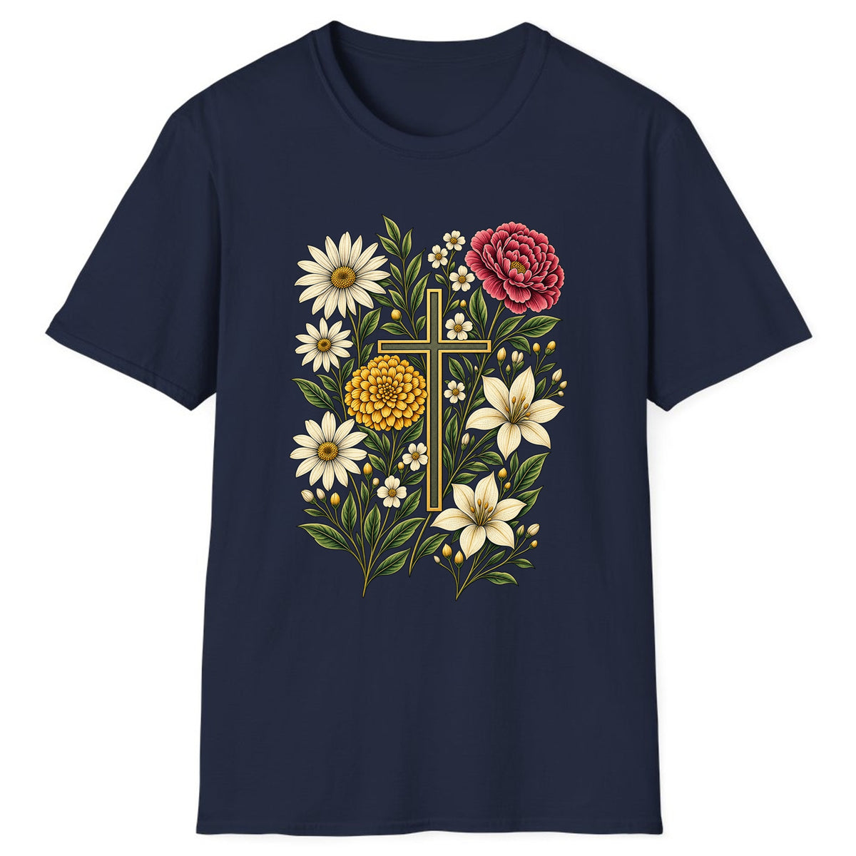 Floral Cross Garden Faith Classic Tee - Navy