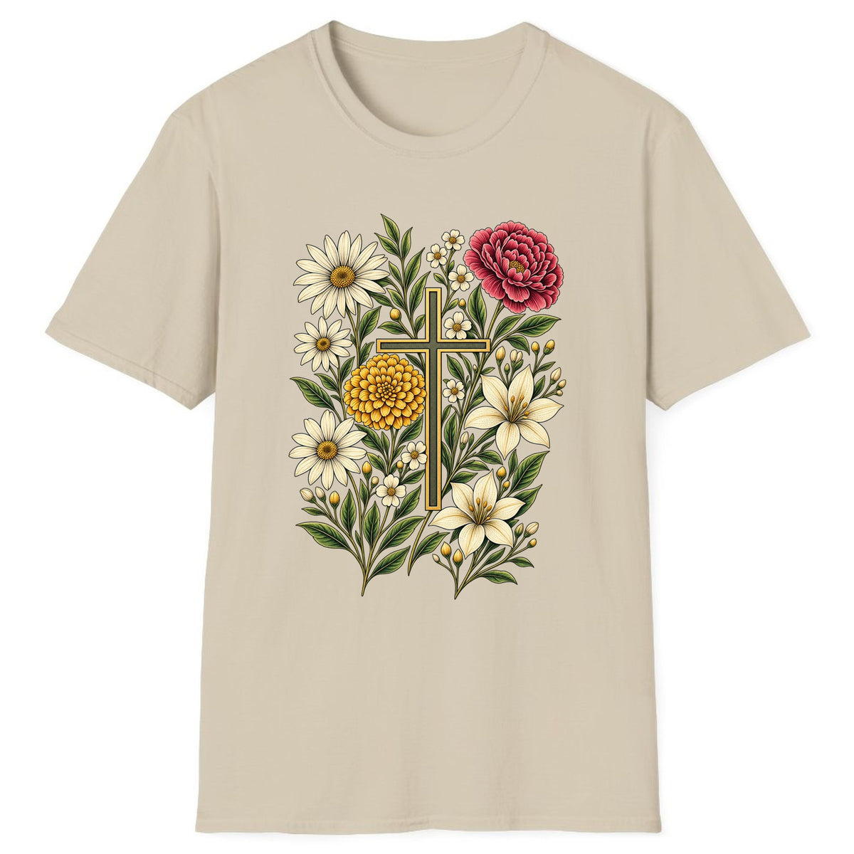 Floral Cross Garden Faith Classic Tee - Sand