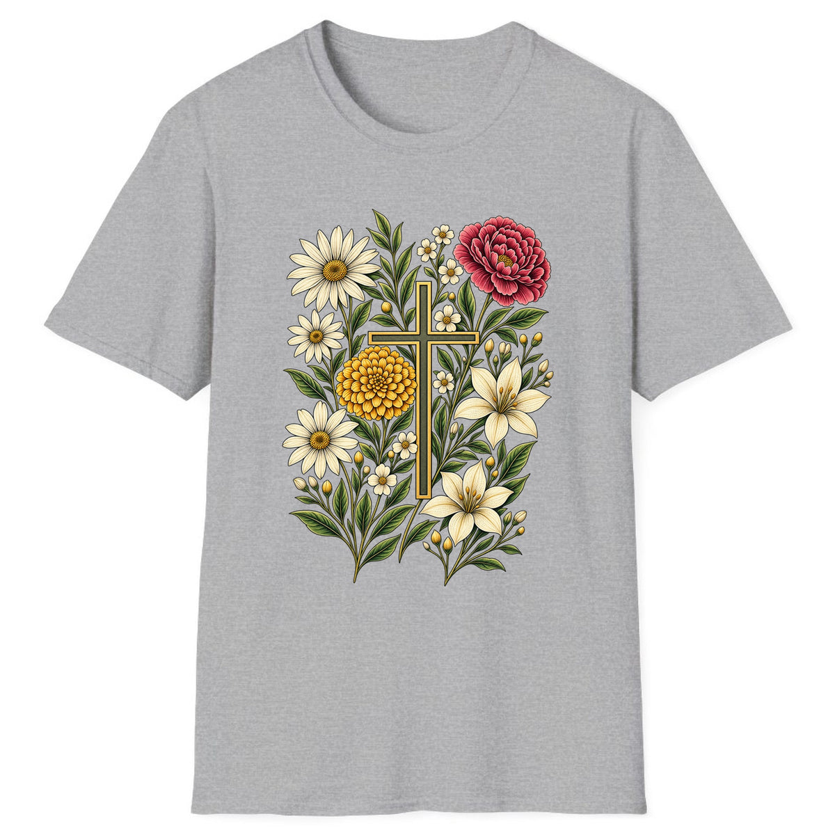 Floral Cross Garden Faith Classic Tee - Sport Grey