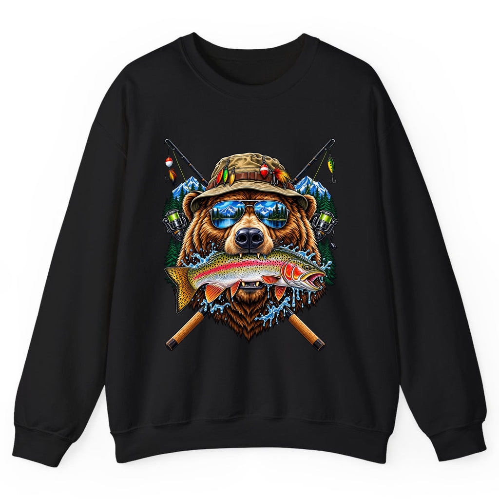 Bear Fishing Trout Mountain Lake Crewneck Sweatshirt - Black
