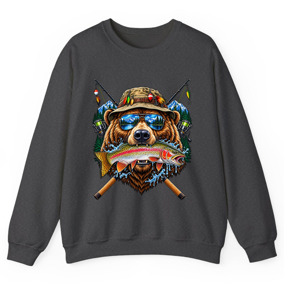 Bear Fishing Trout Mountain Lake Crewneck Sweatshirt - Dark Heather