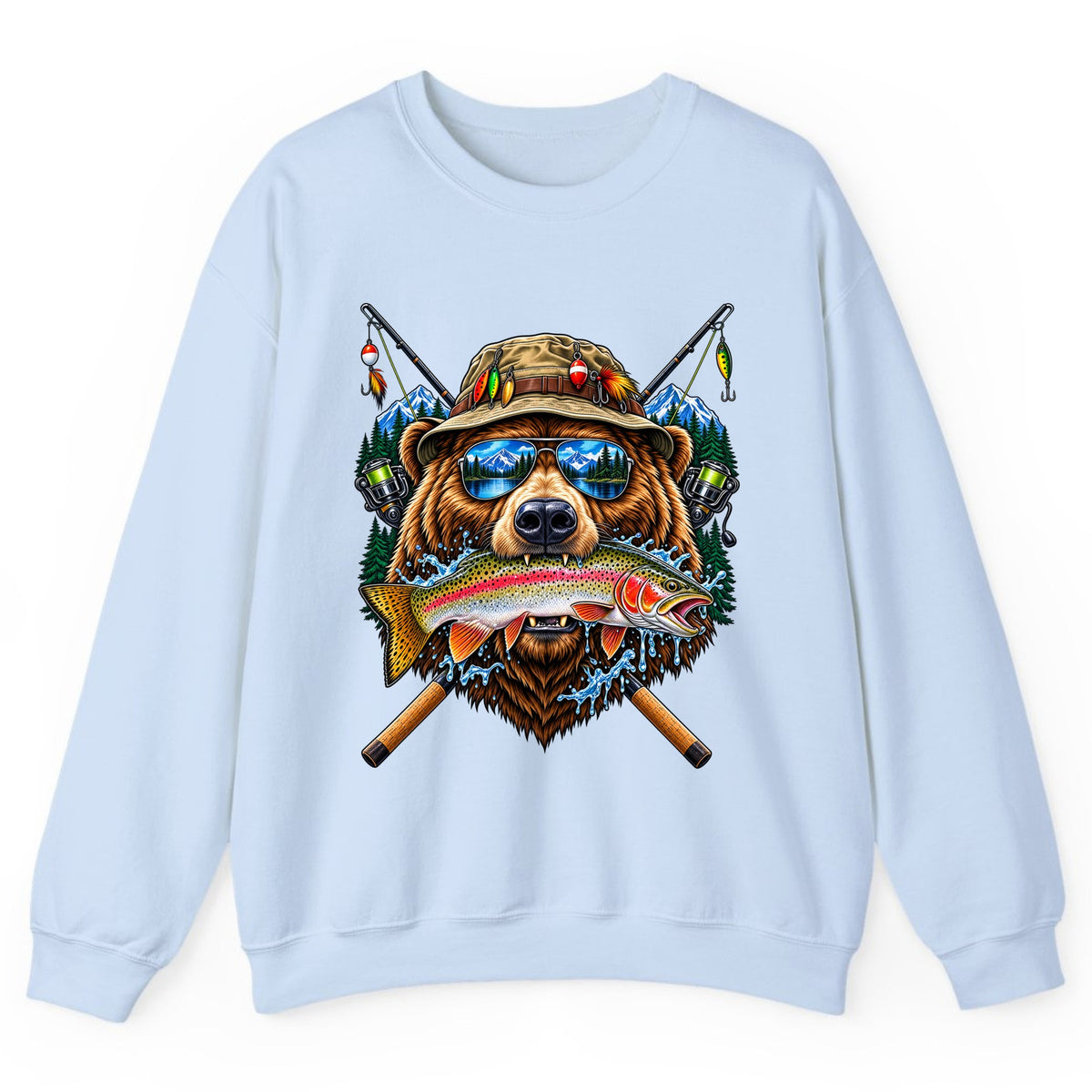 Bear Fishing Trout Mountain Lake Crewneck Sweatshirt - Light Blue