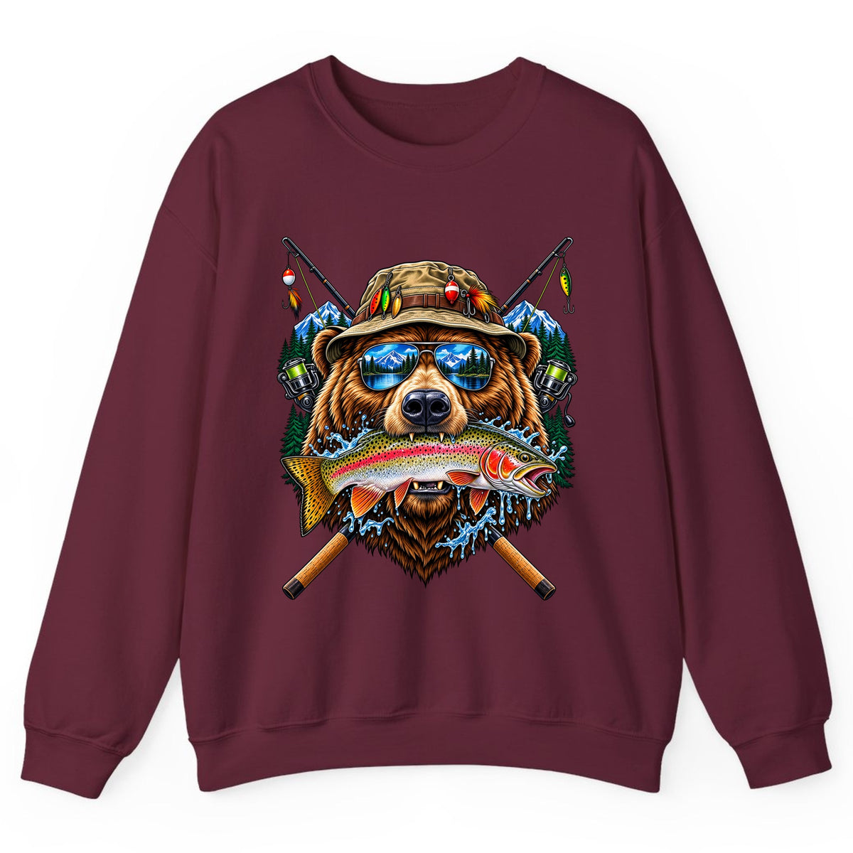 Bear Fishing Trout Mountain Lake Crewneck Sweatshirt - Maroon
