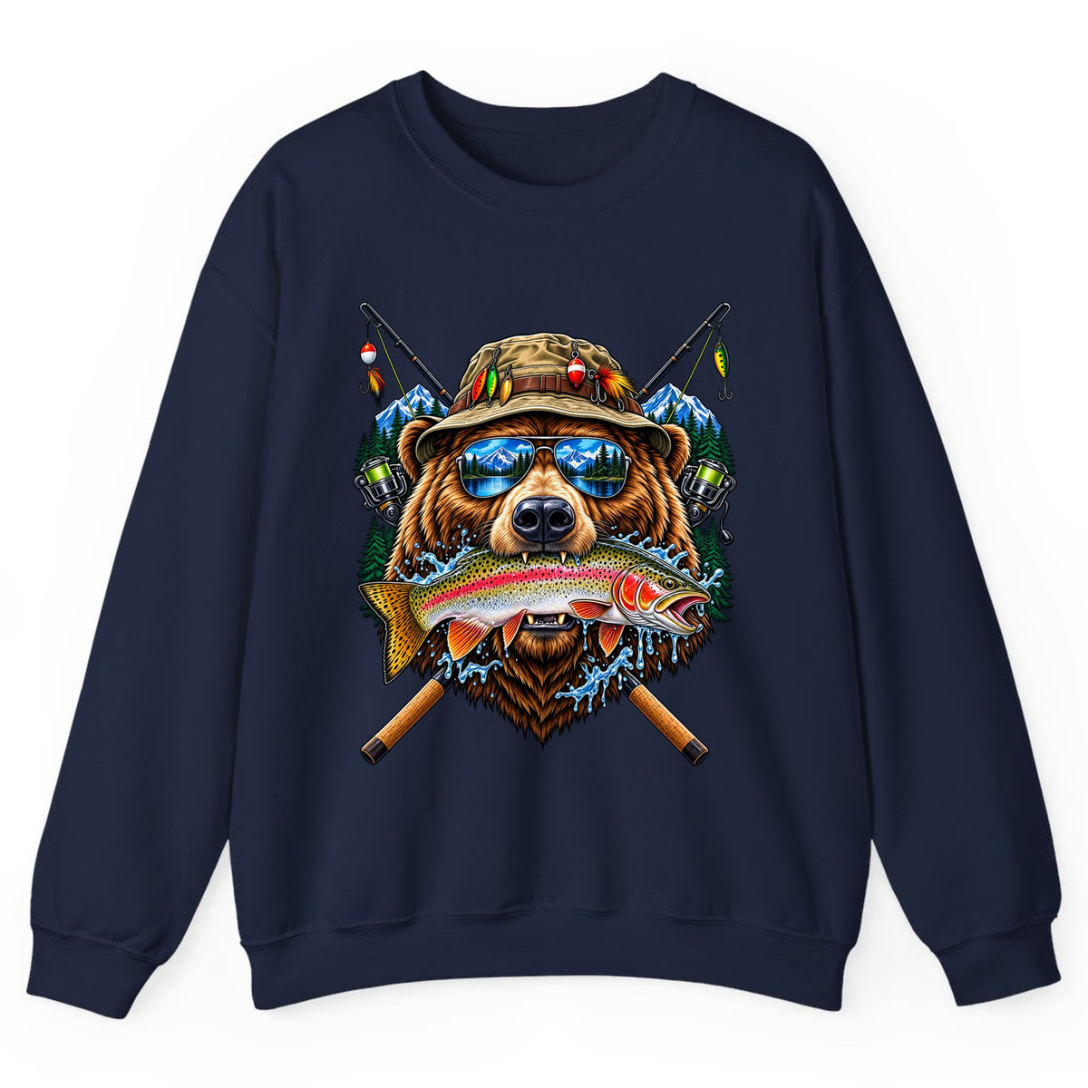 Bear Fishing Trout Mountain Lake Crewneck Sweatshirt - Navy