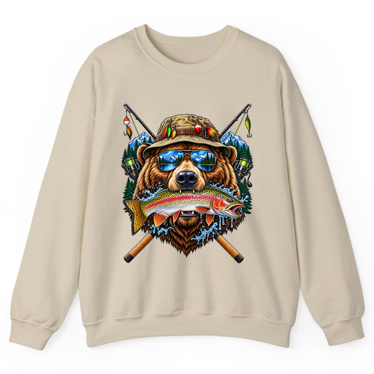 Bear Fishing Trout Mountain Lake Crewneck Sweatshirt - Sand