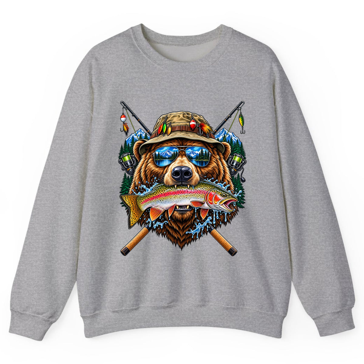 Bear Fishing Trout Mountain Lake Crewneck Sweatshirt - Sport Grey