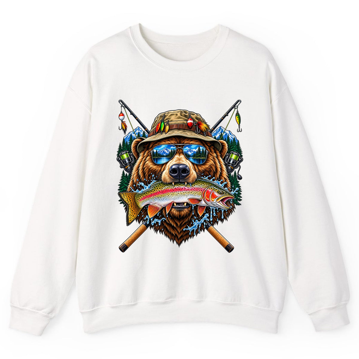 Bear Fishing Trout Mountain Lake Crewneck Sweatshirt - White