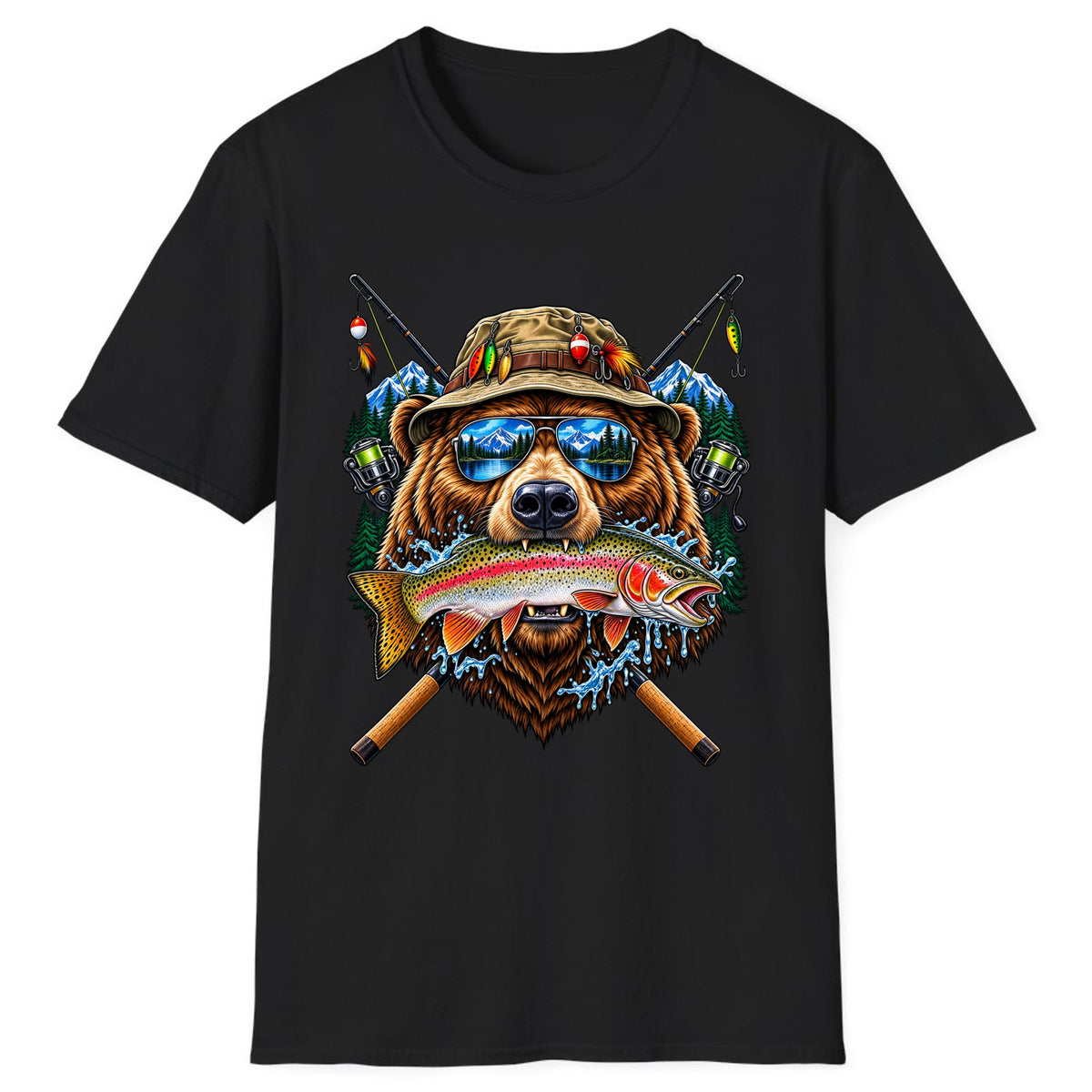 Bear Fishing Trout Mountain Lake Classic Tee - Black