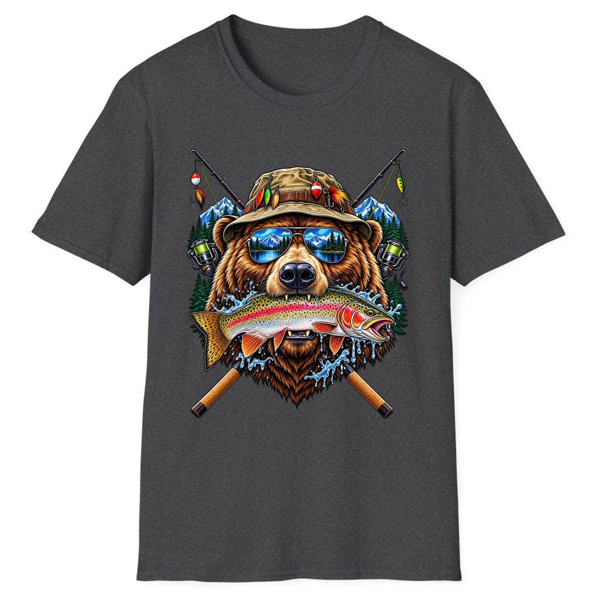Bear Fishing Trout Mountain Lake Classic Tee - Dark Heather