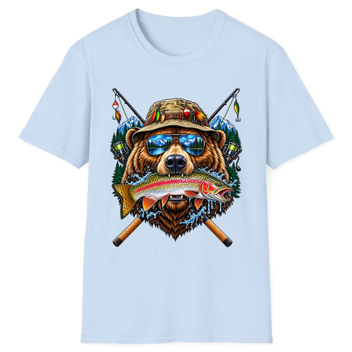 Bear Fishing Trout Mountain Lake Classic Tee - Light Blue