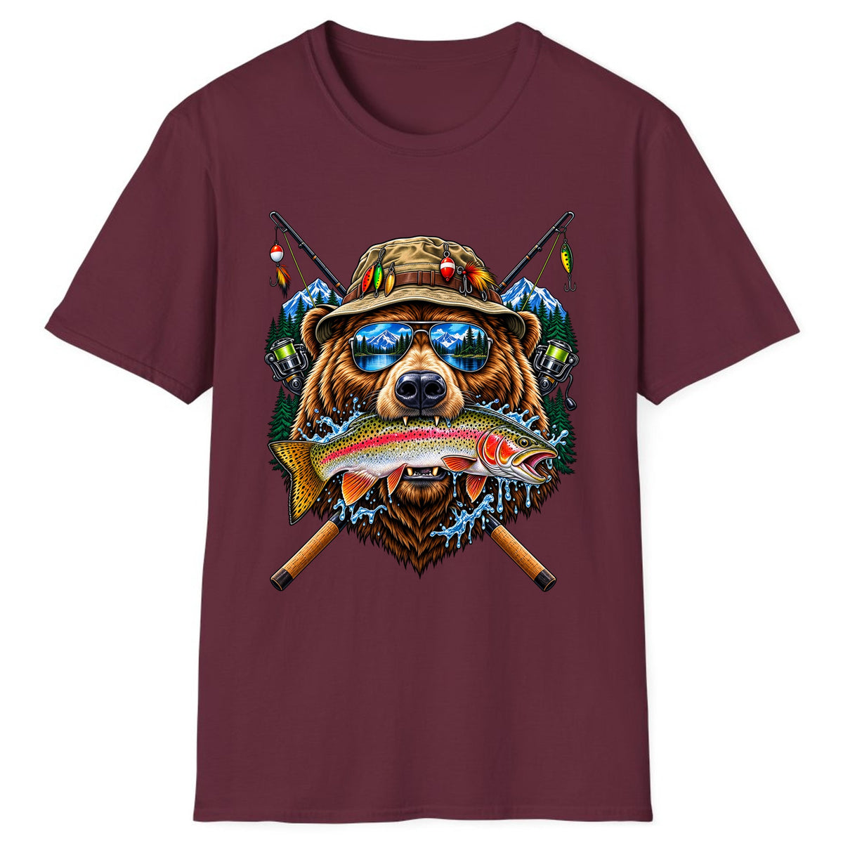 Bear Fishing Trout Mountain Lake Classic Tee - Maroon