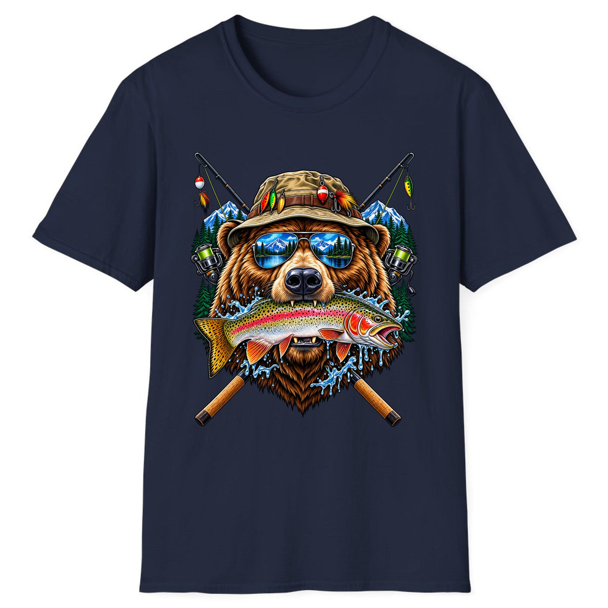 Bear Fishing Trout Mountain Lake Classic Tee - Navy