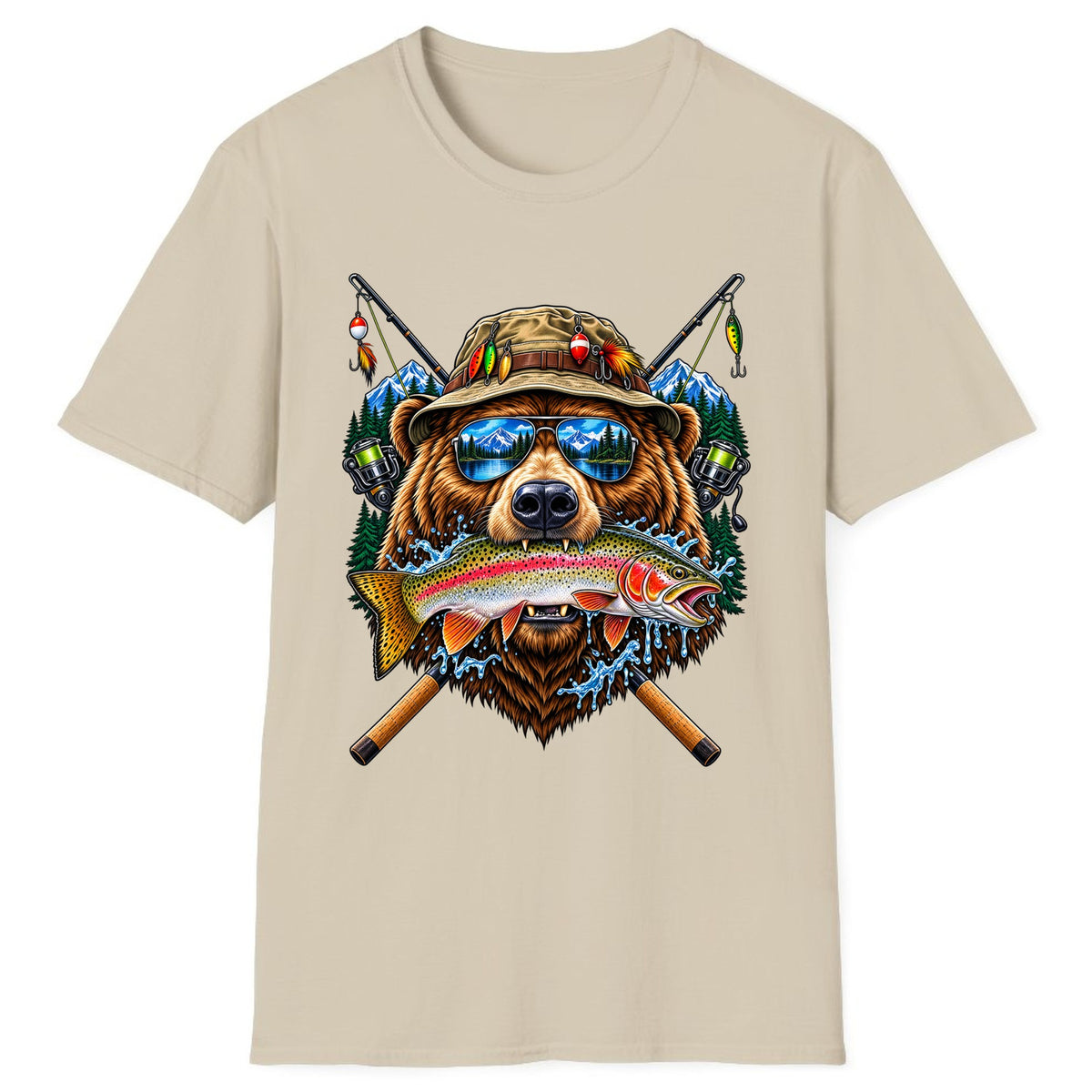 Bear Fishing Trout Mountain Lake Classic Tee - Sand
