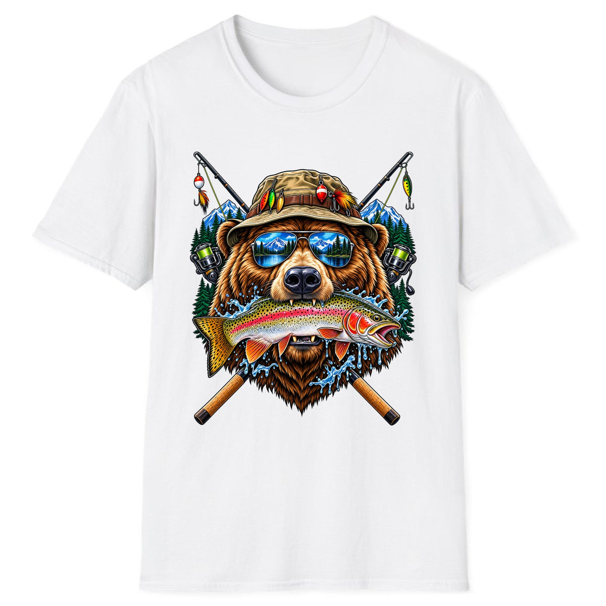 Bear Fishing Trout Mountain Lake Classic Tee - White