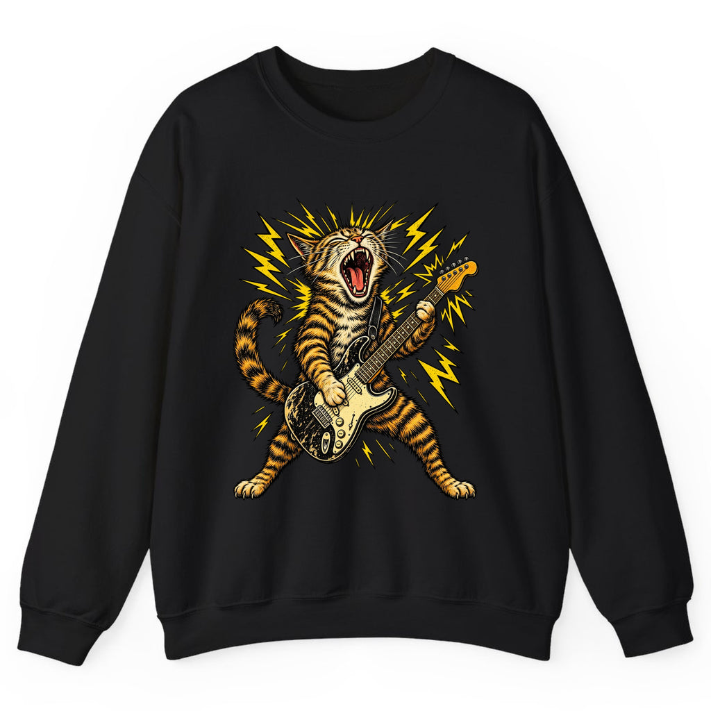 Rock and Roar Guitar Cat Crewneck Sweatshirt - Black