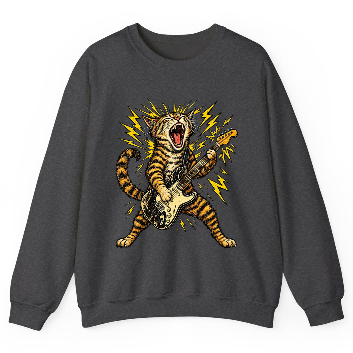 Rock and Roar Guitar Cat Crewneck Sweatshirt - Dark Heather