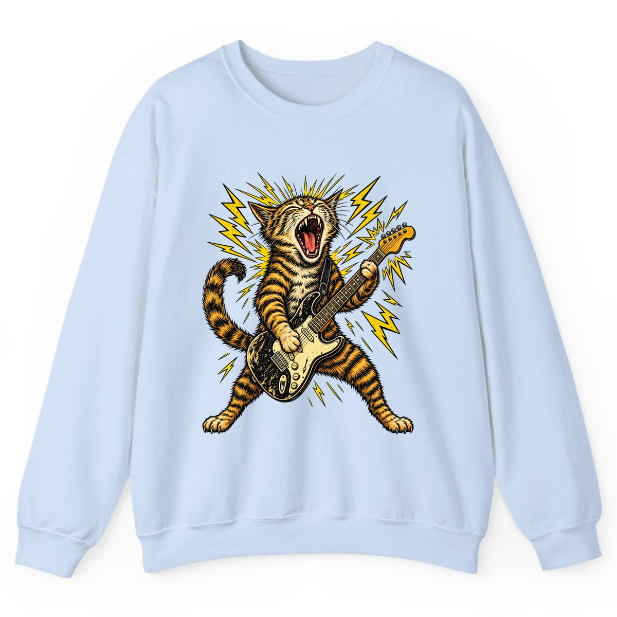 Rock and Roar Guitar Cat Crewneck Sweatshirt - Light Blue