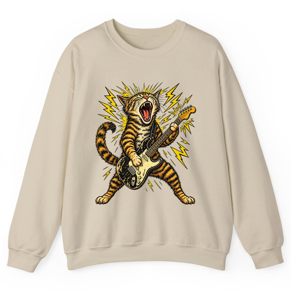 Rock and Roar Guitar Cat Crewneck Sweatshirt - Sand