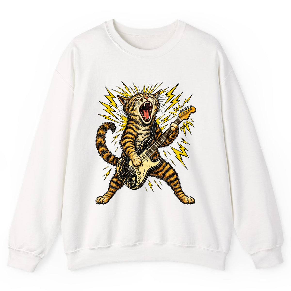 Rock and Roar Guitar Cat Crewneck Sweatshirt - White