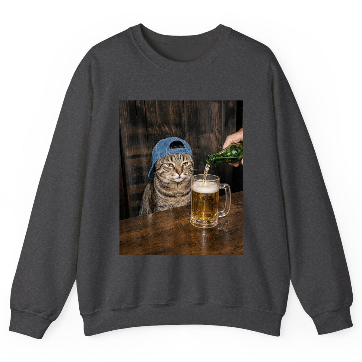 Tabby Cat Beer Pour Crewneck Sweatshirt - Dark Heather
